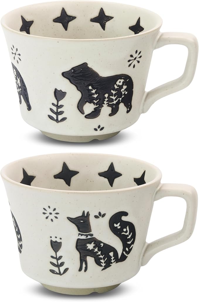 Ceramic Coffee Mug, 12 oz Small Novelty Unique Teacup with Handle, Stoneware Cup for Tea Mocha Latte Cappuccino (Set of 2, Fox and Bear)