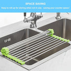 Seropy Roll Up Dish Drying Rack Over The Sink Drying Rack for Kitchen Counter, Rolling Dish Rack Over Sink Mat, Foldable Dish Drainer Stainless Steel Rack Kitchen Organization Green 17.5"x11.8"