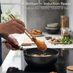 Carbon Steel Wok Pan with Wooden Lid, 7.8-Inch (1.6QT) Small Wok, Cold-Forged Flat Bottom Stir Fry Pan, Coating-Free, Induction Ready, for Eggs, Ramen, Soup & Oatmeal
