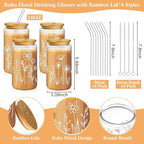 Mumufy 4 Pack Bridesmaid Gift Glass Cups, Cute Flower Mason Jars with Bamboo Lids & Straws, 16oz Iced Coffee Tumblers for Wedding, Bridal Party, Birthday, Mother's Day(Boho Floral)