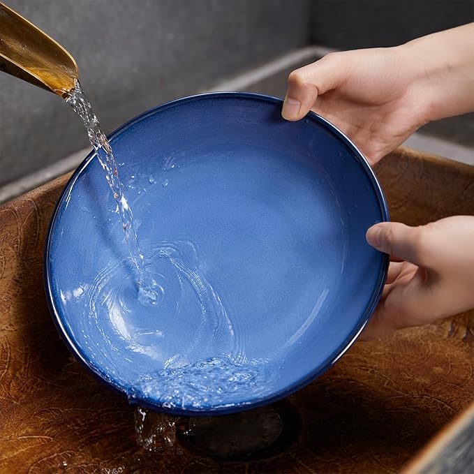 Pokini Ceramic Pasta Bowl Set of 4, 32 Oz Large Salad Bowls for Serving, Microwave & Dishwasher Safe Soup Bowls for Kitchen, Light Blue Stoneware Bowl Set