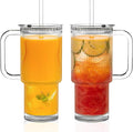 KEMORELA 26oz Ribbed Glass Tumbler with Handle & Lid, 2-Pack Clear large Iced Coffee Cups with Straws, Spill proof Glass Mug for Cold & Hot Beverages, Travel Cup for Smoothies, Tea, and Juice