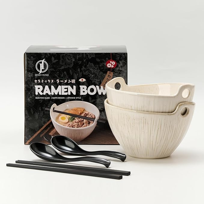 Ramen Bowl with Chopsticks and Spoons Set, 7 Inch Ceramic Noodle Bowl Set of 2, Dishwasher Safe for Pho Udon Soba Noodle Salad Pasta, Special Reactive Glazed White Bowls Set