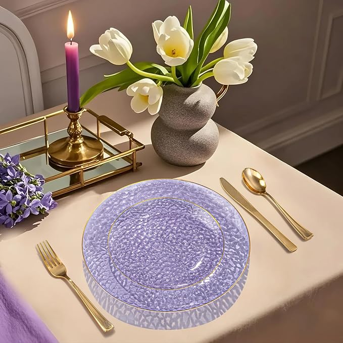 DaYammi 175PCS Clear Purple and Gold Plastic Dinnerware Set for Party, Hammered Disposable Plates for Party, Include: 25 Dinner Plates, 25 Dessert Plates, 75 Gold Silverware, 25 Napkins, 25 Cups
