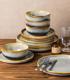TheTerra Ceramic Dinnerware Sets for 6, 18 Pieces Handmade Reactive Glaze Plates and Bowls Sets, Scratch Resistant Dish Set, Oven & Microwave & Dishwasher Safe, Brown Blue