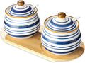 Sugar Bowl Set of 2,Ceramic Sugar Bowl with Lids and Spoon & Wooden Tray,Sugar Jars for Coffee Bars and Home Kitchens(2, Large)