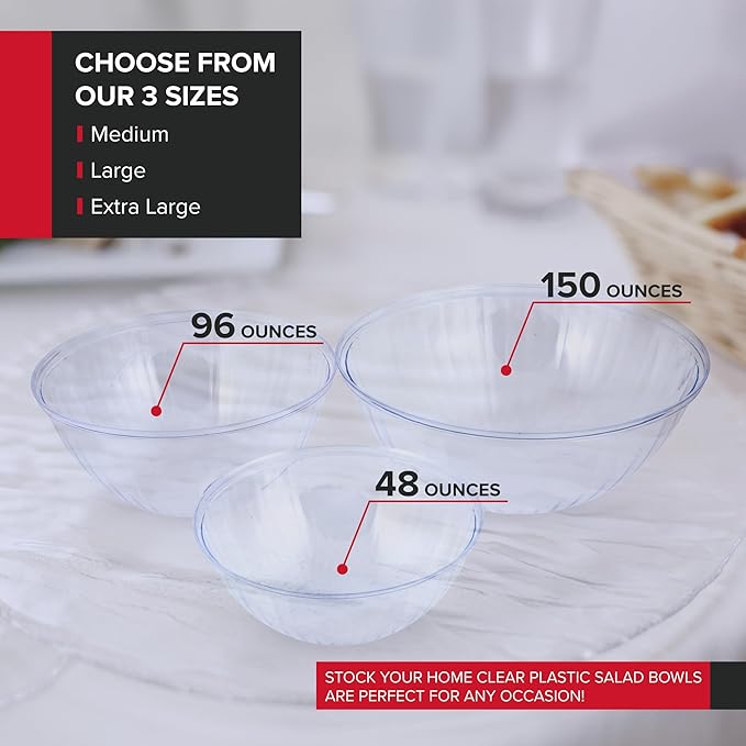 48 oz Clear Plastic Serving Bowls (12 Pack) Disposable Candy Dishes, Buffet Containers for Chips, Popcorn, Snacks, Mints, Salad Bar, Snack Bowl Parties, Office Desk, Bridal Shower, Party Supplies