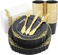 Nervure 175pcs Clear Black Plastic Plates - Gold Plastic Dinnerware Set for 25 Guests include 50 Disposable Plates,75 Gold Silverware,25 Cups,25 Napkins Perfect for Party&Independence Day