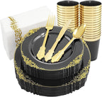 Nervure 175pcs Clear Black Plastic Plates - Gold Plastic Dinnerware Set for 25 Guests include 50 Disposable Plates,75 Gold Silverware,25 Cups,25 Napkins Perfect for Party&Independence Day