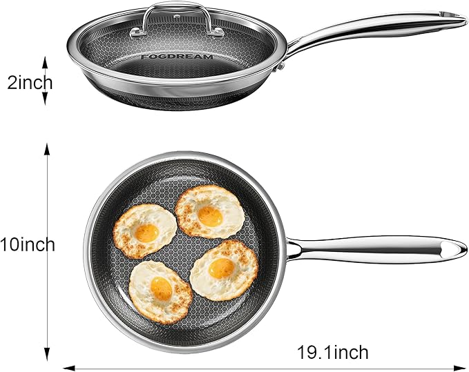 FogDream Non Stick Frying Pans, 10 Inch Stainless Steel Skillet with Tempered Glass Lid Tri-Ply Stainless Steel for All Cooktops, Dishwasher & Oven-Safe Cooking Pan, Stay-Cool Handle, Silver