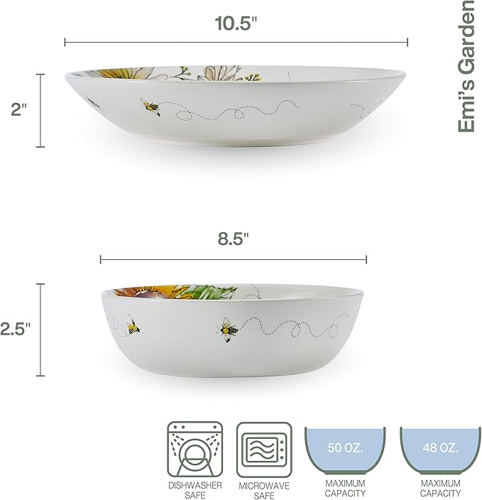 Fitz and Floyd Emi's Garden Floral Set of 2 Serving Bowls, 10.5 Inch, 8.5 Inch
