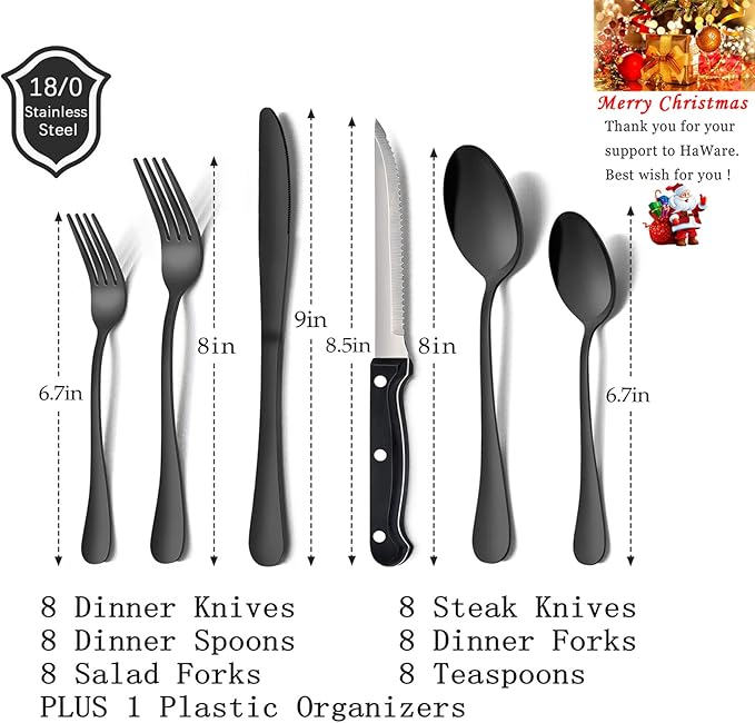 HaWare 49-Piece Black Silverware Set with Flatware Drawer Organizer, Stainless Steel Cutlery with 8 Steak Knives, Modern Eating Utensils Tableware Service for 8, Mirror Polished, Dishwasher Safe
