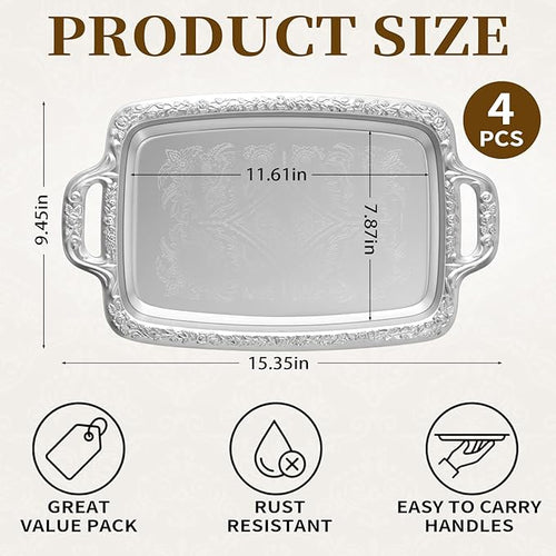 4 Pcs Silver Serving Tray with Handles, Vintage Floral Metal Silver Platter Tray, Elegant Silver Trays for Wedding Tableware Party Decoration