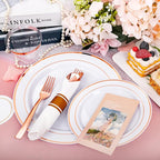 DaYammi 210PCS Rose Gold Plastic Dinnerware Set for 30 Guests, Mother's Day Plates for Party, Include: 30 Dinner Plates, 30 Dessert Platos, 30 Pre Rolled Napkins with Rose Gold Silverware, 30 Cups