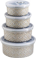 Ceramic Mixing Bowls with Lids Set of 4, Embossed Nesting Storage Bowls for Cooking, Serving, Salad, Popcorn etc, Microwave and Dishwasher Safe, Baking Dishes 12/16/28/40 oz (Gray)