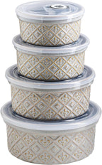 Ceramic Mixing Bowls with Lids Set of 4, Embossed Nesting Storage Bowls for Cooking, Serving, Salad, Popcorn etc, Microwave and Dishwasher Safe, Baking Dishes 12/16/28/40 oz (Gray)