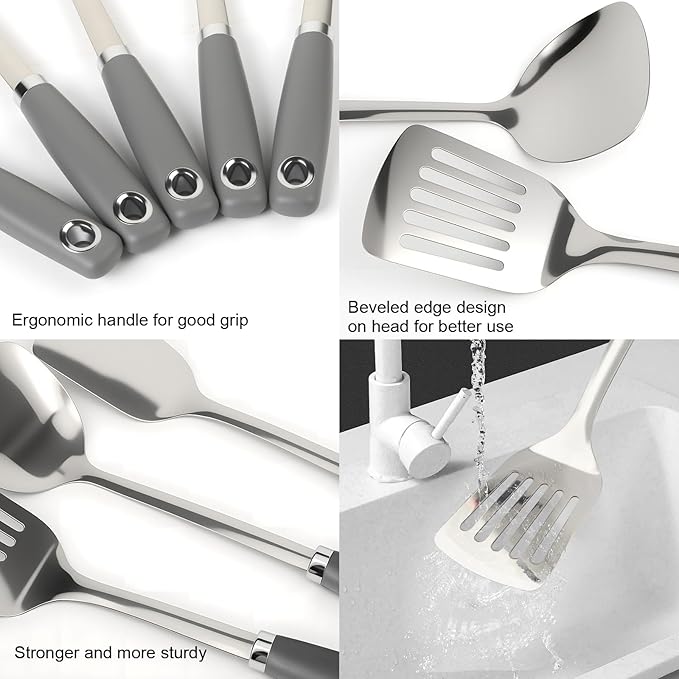 10 Piece Stainless Steel Cooking Utensils Set - 18/0 Heavy Duty Kitchen Tools for Grilling & Serving (Grey)