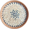 Terrekraft 14" Large Rattan Serving Tray with Mother of Pearl, Round Coffee Table Tray Decor, Boho Decorative Hand-Woven Wicker Home Decor (Lucky Flower)