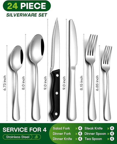 24 Pcs Silverware Set with Steak Knives Food-Grade Stainless Steel Flatware Set for 4 Mirror Cutlery Include Forks Spoons and Knives Set Dishwasher Safe Utensil Sets for Home Restaurant