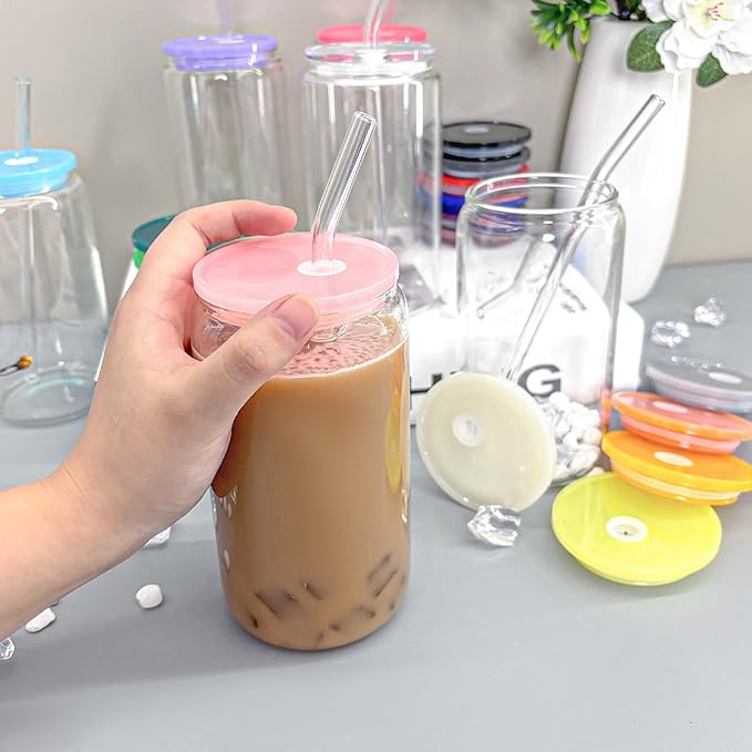 WHEATHUSK 20 Pack Glass Cups with Acrylic Lids and Glass Straws 16oz Iced Coffee Cups Clear Glass Tumbler Can Shaped Drinking Glasses, Cute Glass Smoothie Cups for Tea Beer Soda Whiskey Gift