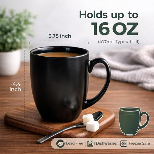 AmorArc 16oz Coffee Mugs Set of 6, Large Ceramic Coffee Mugs for Men Women Dad Mom, Modern Coffee Mugs with handle for Tea/Latte/Cappuccino/Cocoa. Dishwasher&Microwave Safe, Matte Black