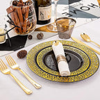 NOCCUR 210pcs Black and Gold Dinnerware Set - Black Disposable Plates and Napkins Party Supplies Include 60 Dinner/Dessert Plates, 30 Prerolled Plastic Cutlery&30 Cups for Party/Birthday/New Year