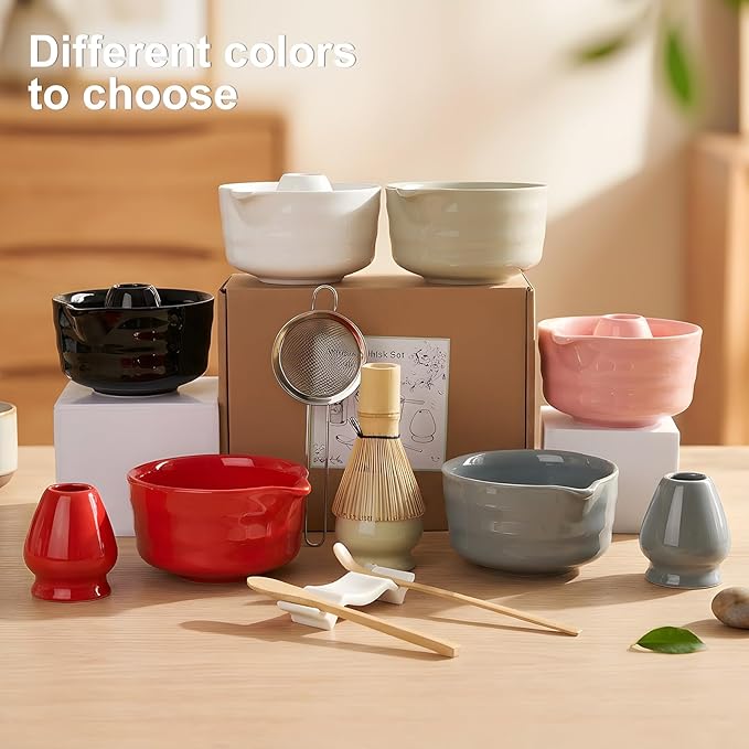 YOLIFE 7 Pcs Matcha Whisk Set, Includes Matcha Bowl with Spout, Bamboo Whisk (Chasen) with Ceramic Holder, Scoop and Powder Spoon, Sifter, Matcha Kit for Ceremony (Red)
