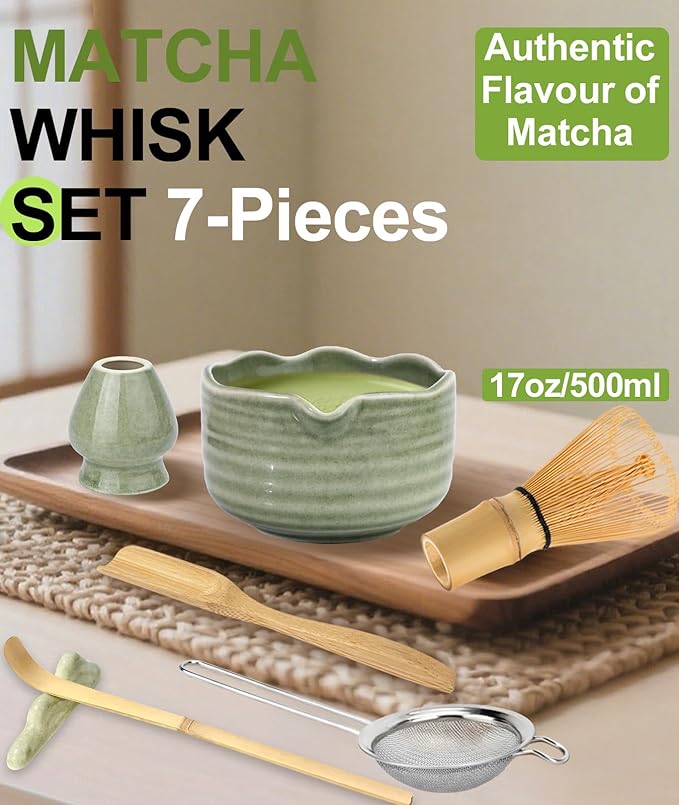 JBER Matcha Whisk Set, Ceramic Matcha Set Includes Matcha Bowl, Matcha Whisk (Chasen) and Holder, Sifter, Bamboo Scoop, Spoon & Rest - 7 Pcs Matcha Kit Set for Matcha Lovers Ceremony, Mottled Green
