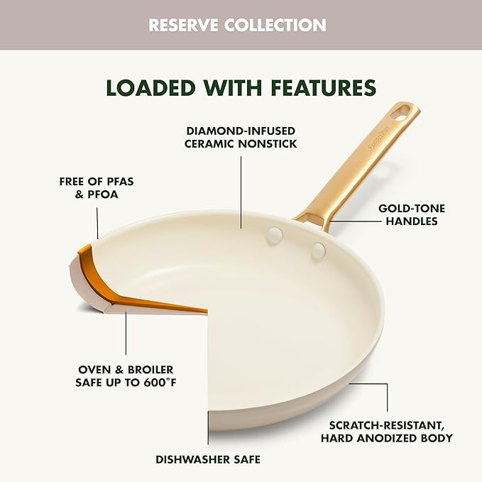 GreenPan Hard Anodized Healthy Ceramic Nonstick 8" 10" and 12" 3 Piece Frying Pan Skillet Set, Gold Handle, PFAS-Free, Dishwasher Safe, Oven Safe, Taupe