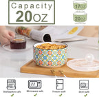 Ceramic Bowls Set with Lid: Microwave Safe Soup Containers Set of 6 for Meal Prep, Cereal, Salad, Picnic, Camping, Office Lunch, Kitchen Food Storage - 5 Inch, 20 oz, 6 PCS, Design D