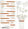 Kitchen Utensils Set - 34 PCS Non-Stick Silicone Cooking Utensils Set Spatula Set with Holder, Wooden Handle Spoon,Brush,Whisk Kitchen Gadgets Tools Set for Nonstick Cookware (Cream White-34P)