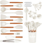 Kitchen Utensils Set - 34 PCS Non-Stick Silicone Cooking Utensils Set Spatula Set with Holder, Wooden Handle Spoon,Brush,Whisk Kitchen Gadgets Tools Set for Nonstick Cookware (Cream White-34P)