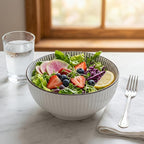 QINLANG Large Soup Bowls, Pho & Ramen Set of 3, 60 oz Blue & White Porcelain Big Bowls - Striped Pattern