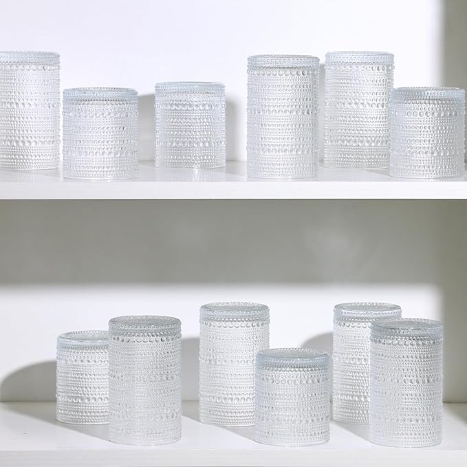 Moretoes Kitchen Hobnail Drinking Glasses Set of 6, 12 Oz Highball Glasses & 10 Oz Cocktail Glasses, Clear Embossed Boho Glass Cups Kitchen Bar Tumbler Glassware Set for Whiskey, Beer, Juice, Milk