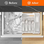 Lifewit Silverware Drawer Organizer, Expandable Utensil Tray for Kitchen, BPA Free Flatware and Cutlery Holder, Adjustable Plastic Storage for Spoons Forks Knives, 8.5-14 x 12", White