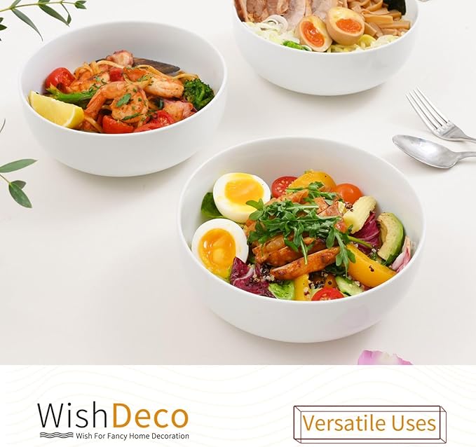 WishDeco Large Soup Bowls Set of 3, Ceramic Salad Bowls 37 oz, White Pasta Bowls 7 inch, Serving Bowl for Cereal, Noodle Ramen, Pho, Fruit