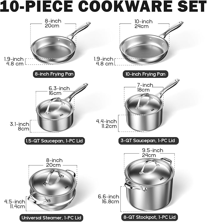 Cooks Standard 10 Piece Stainless Steel Cookware Set — Induction Cookware, Non Toxic Pots Pans Set, Professional Stainless Steel Pot Pan Set, Heavy Duty Pot Set, Multi-Ply Full Clad Stay-Cool Handles