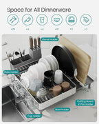 SONGMICS Large Dish Drying Rack, Expandable Dish Dryer for Kitchen Counter, Stainless Steel Dish Rack with Rotatable Spout, Utensil, Cup, Glass, Cutting Board, Pan Holders, Silver and Gray UKCS037G01