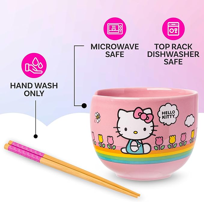Silver Buffalo Hello Kitty Spring and Summer Flowers Rainbow Stripes Ceramic Ramen Noodle Rice Bowl with Chopsticks, Microwave Safe, 20 Ounces