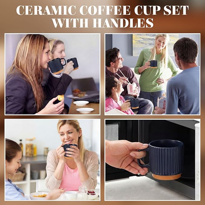 6 Set Ceramic Coffee Mugs with Spoons Set, Textured Ceramic Mugs with Handle, Dishwasher Microwave Safe, Aesthetic Tea Mug for Home Office, Coffee Lover Gift (Dark Blue)
