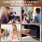 6 Set Ceramic Coffee Mugs with Spoons Set, Textured Ceramic Mugs with Handle, Dishwasher Microwave Safe, Aesthetic Tea Mug for Home Office, Coffee Lover Gift (Dark Blue)