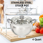 Daniks Modern 4 Quart Stainless Steel Stock Pot with Glass Lid, Tri-Ply Bottom for Even Heating, Induction Compatible, Dishwasher Safe, Heatproof Handles