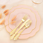 NOCCUR 175PCS Pink Plates with Gold Disposable Silverware - Include 50 Pink Plastic Plates,25 Knives,25 Forks,25 Spoons,25 Cups and 25 Napkins - Ideal for Party/Wedding/Mother's Day