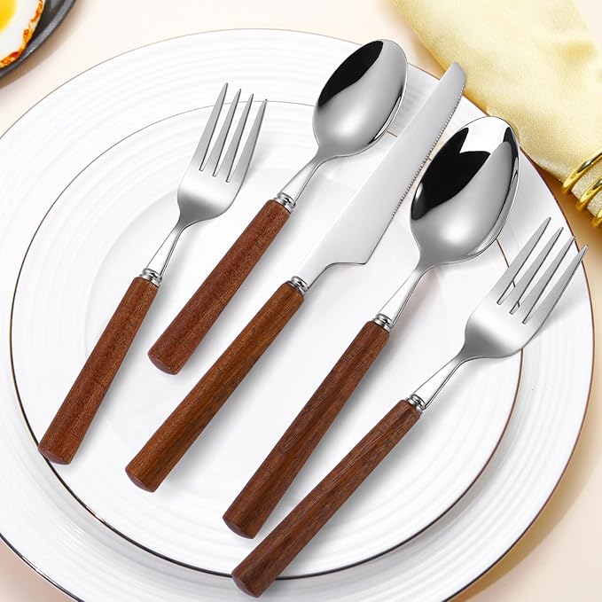 Silverware Set, 20 Piece Mirror Flatware Set 18/8 Stainless Steel Eating Utensils With Wooden Handle, A Complete Tableware Cutlery For Most Families,Knife Fork Spoon Service For 4 Dishwasher Safe