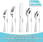 Bestdin 60 PCS Silverware Sets - Mirror Polished Flatware Set for 12, Including Knives, Spoons and Forks, Cutlery Set, Dishwasher Safe & Stainless Steel Silverware for Wedding Gift, Home & Party Use