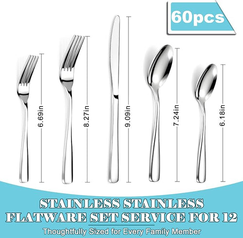 Bestdin 60 PCS Silverware Sets - Mirror Polished Flatware Set for 12, Including Knives, Spoons and Forks, Cutlery Set, Dishwasher Safe & Stainless Steel Silverware for Wedding Gift, Home & Party Use