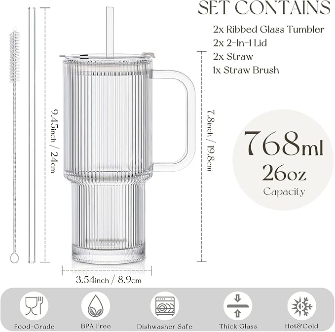 KEMORELA 26oz Ribbed Glass Tumbler with Handle & Lid, 2-Pack Clear large Iced Coffee Cups with Straws, Spill proof Glass Mug for Cold & Hot Beverages, Travel Cup for Smoothies, Tea, and Juice