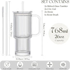 KEMORELA 26oz Ribbed Glass Tumbler with Handle & Lid, 2-Pack Clear large Iced Coffee Cups with Straws, Spill proof Glass Mug for Cold & Hot Beverages, Travel Cup for Smoothies, Tea, and Juice