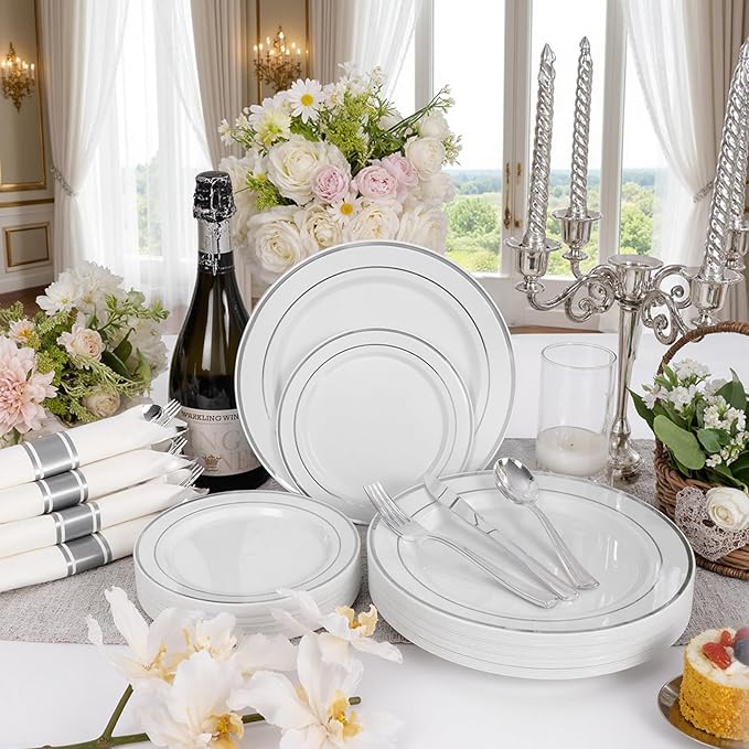 WDF Partyware 175PCS Sliver Plastic Plates - Silver Plates Disposable - White Plate with Silver Trim 25Guests Plastic Dinnerware Sets with Rolled Napkins for Wedding Baby Shower Spring Birthday