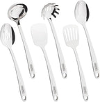 Viking Kitchen Utensils Set, 6 Piece Stainless Steel Cooking Utensil Set, Includes Spatulas, Spoons, Pasta Fork, and Deep Ladle, Hollow Forged, Silver